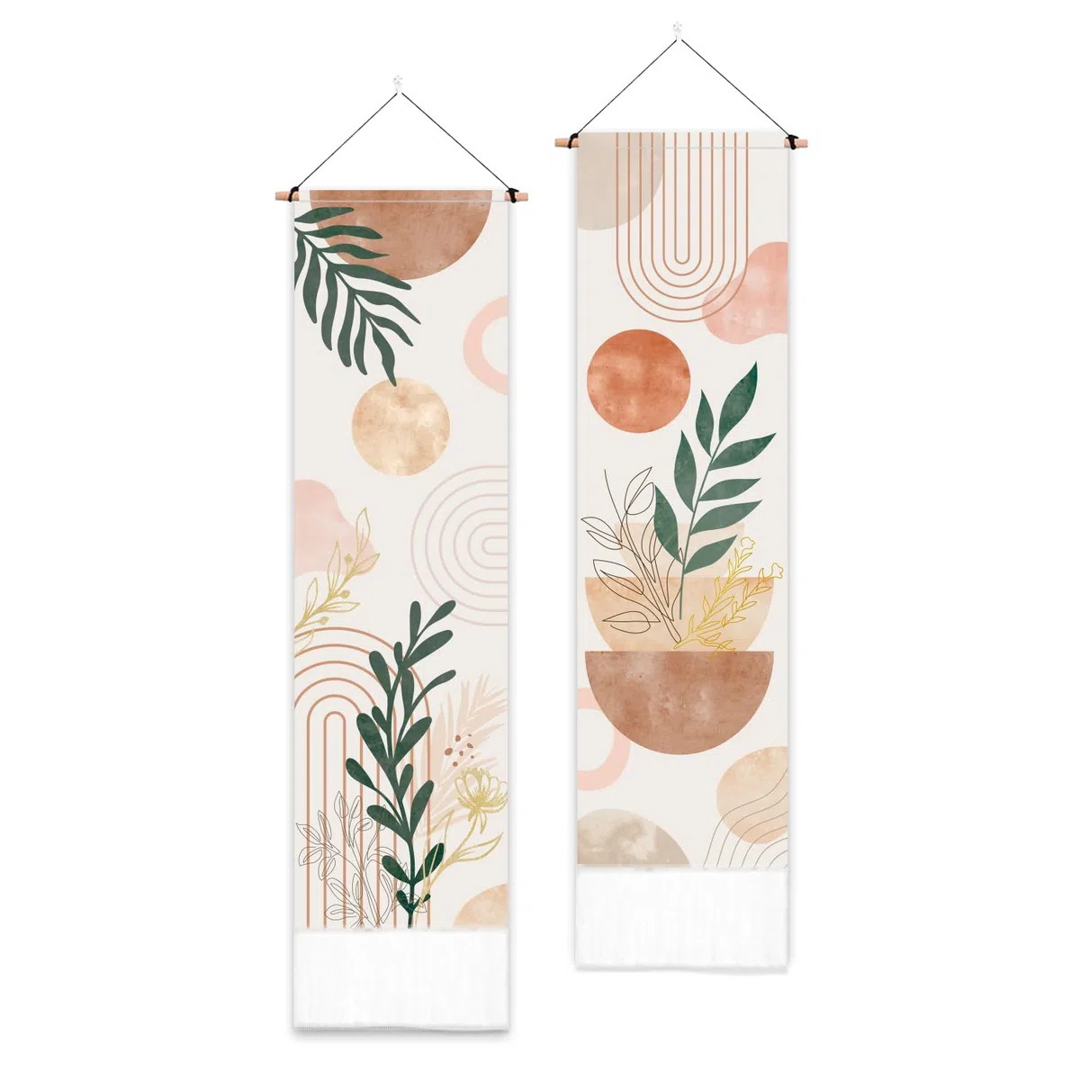 PLIGREAT Paquete de 2 tapices bohemios con borlas, 132 x 33 cm, diseño de plantas estéticas para colgar en la pared, abstracto, vertical, para dormitorio, sala de estar, baño, decoración artística