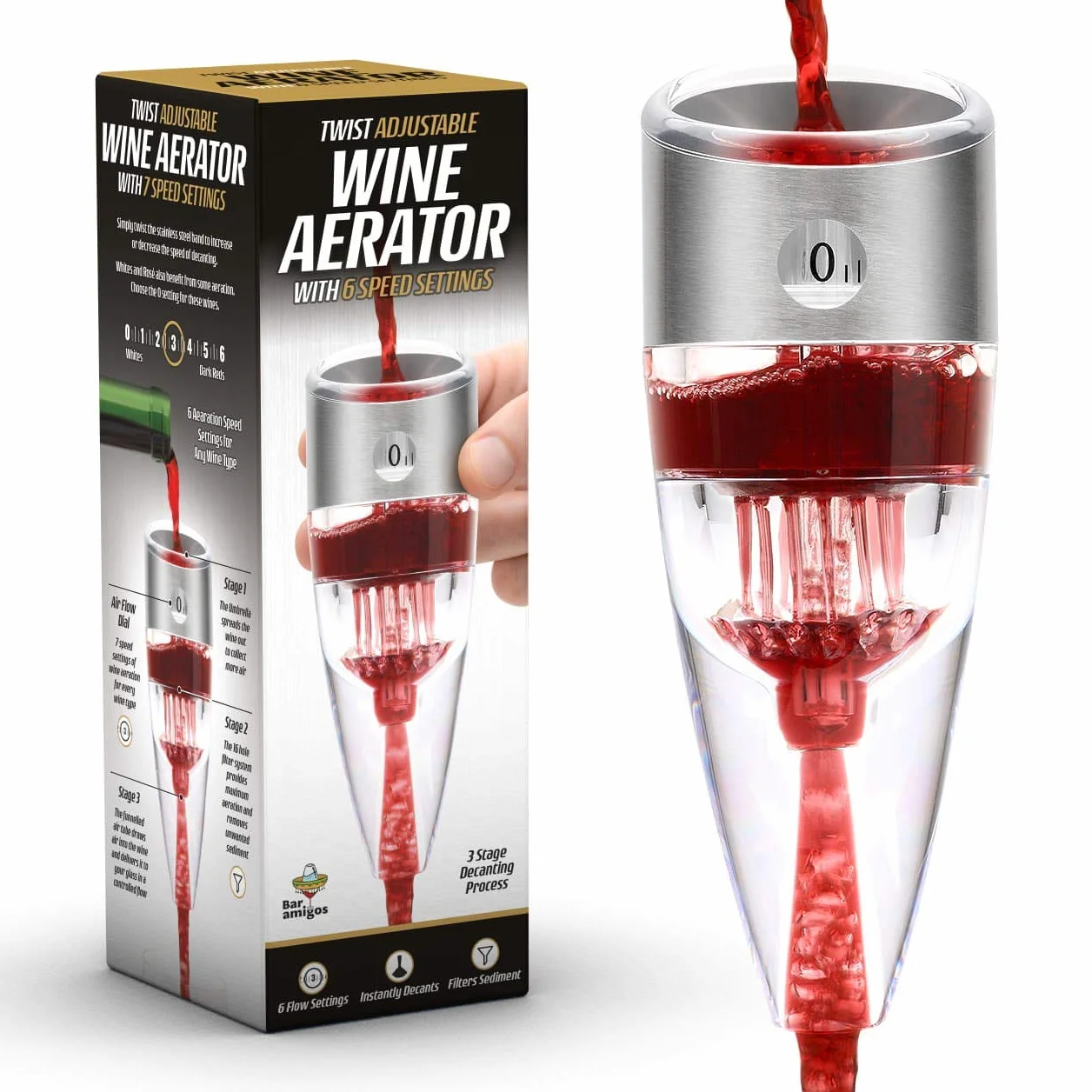 CKB Ltd TWIST El Aireador De Vino - Diseño Acción Triple Con 6 Ajustes de velocidad, Regalo perfecto,Accesorios Esenciales comedor para Vino Tinto Blanco Beber - GARANTÍA DE POR VIDA
