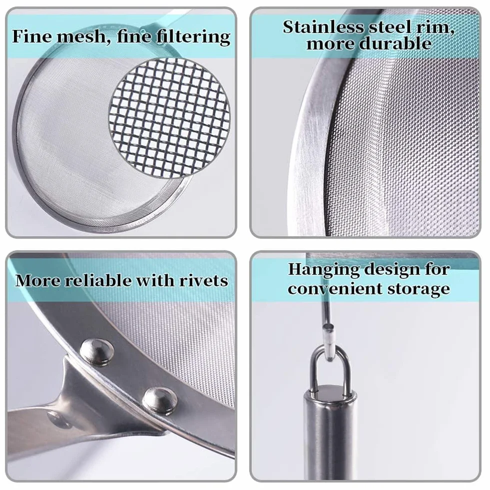 Araña Cocina Inox, 2 Piezas Colador de Acero Inoxidable, Cuchara de Tamis, Multi-Functional Fine Tamiz para los Residuos de Filtro con Filtro de Aceite