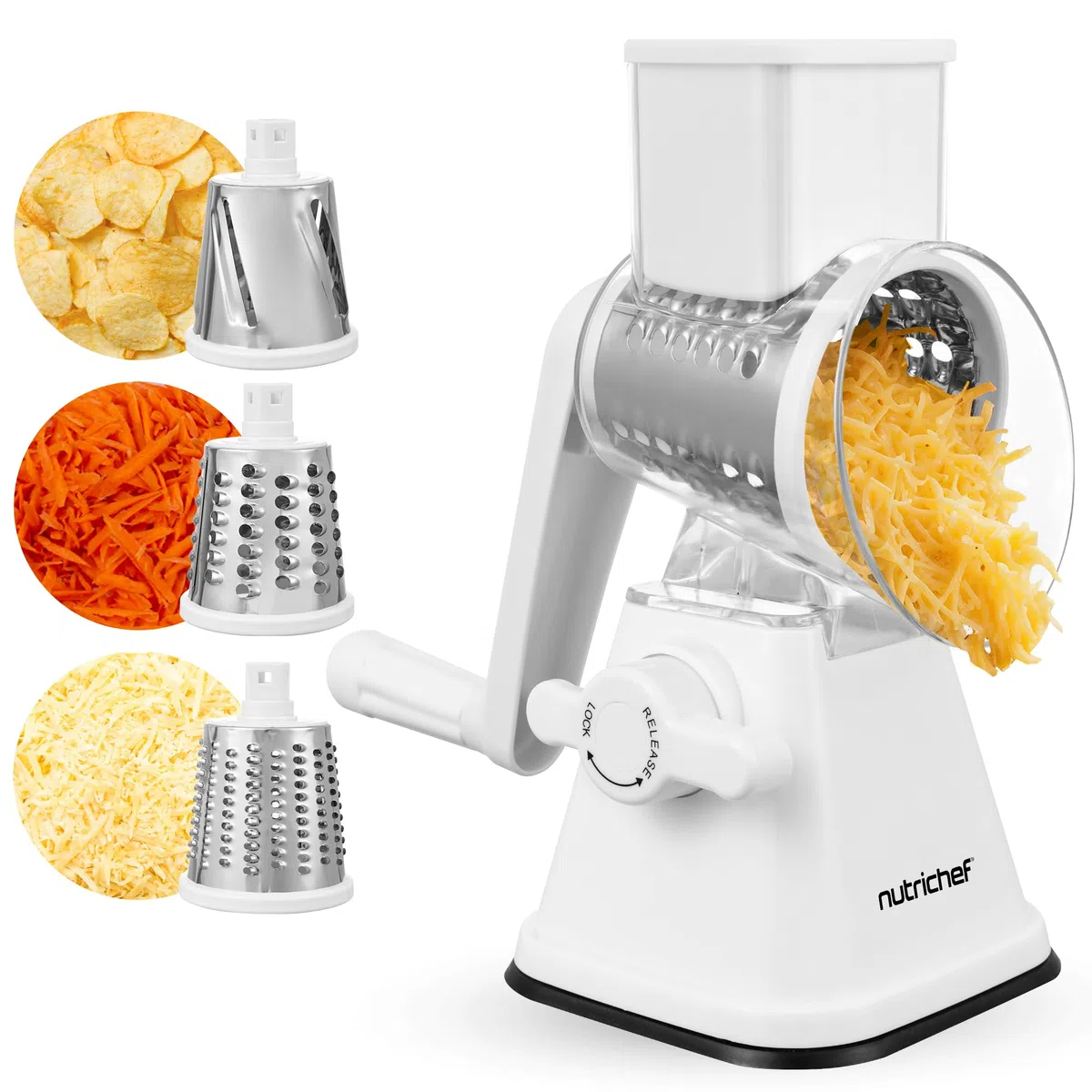 Nutrichef rallador de manivela y desmenuzador de queso 3 en 1, Base de succion fuerte, Mango giratorio con bloqueo de seguridad, Incluye tres cilindros intercambiables: fino, medio y tiras