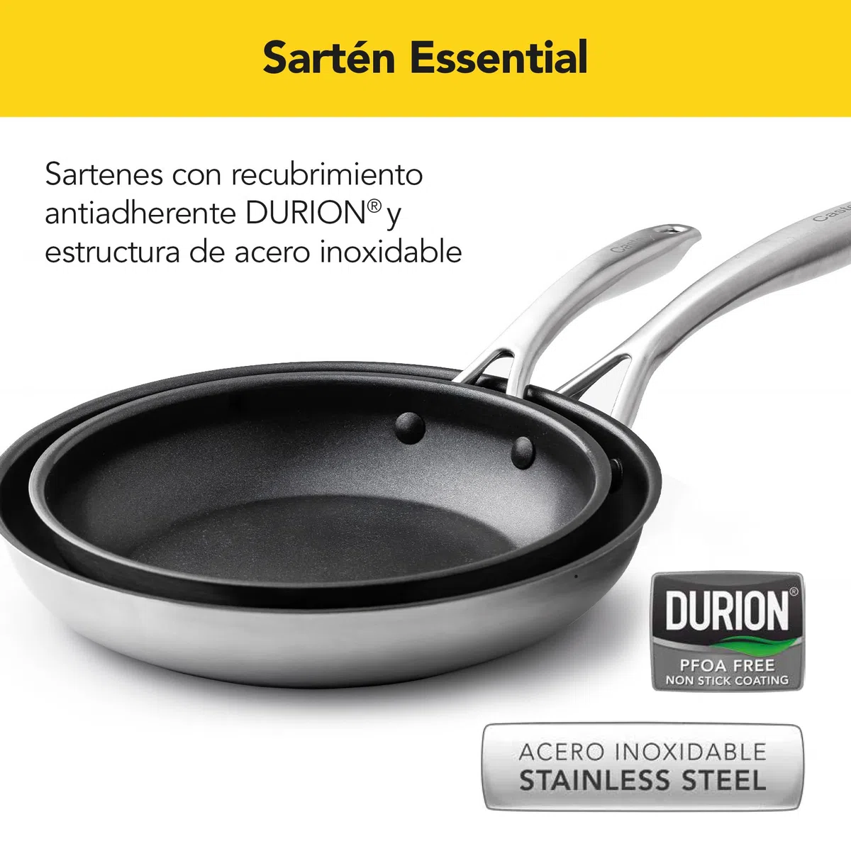 Castey - Sartén Antiadherente Inox Essentials, Modelo EA-S18, Color Plata, Tamaño 18 cm, Acero inoxidable Revestimiento Antiadherente, Apta para Todas las Cocinas, Recubrimiento Durión