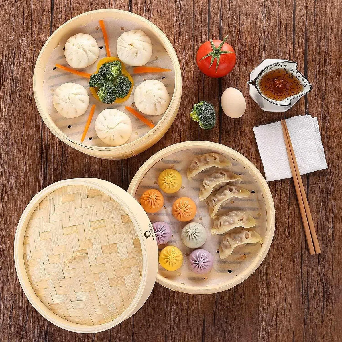 CHEFZOCO Cesta de Vapor de Bambú para Cocinar Asiático, Steamer de bambú, Canasta para vapor, Vaporera de bambú, Dim sum basket, Diámetro 25 cm, Altura 10 cm, 1 nivel, 480 gramos