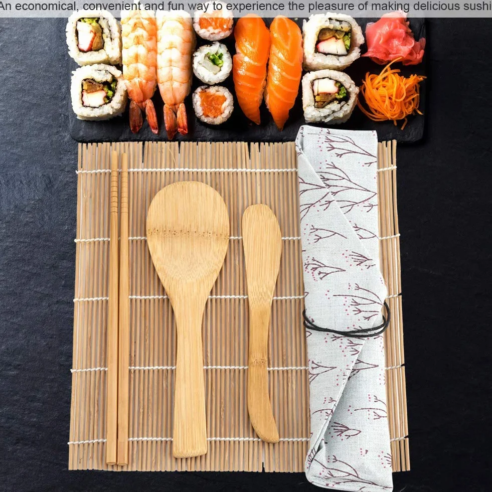 Atyhao 9 Piezas/Set Kit de Fabricación de Sushi de Bambú Incluye 2 Esteras 5 Palillos 1 Paleta 1 Cuchilla de Sushi