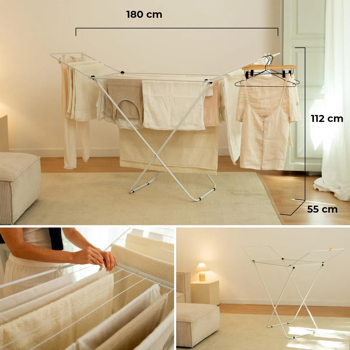 Newlux - Tendedero Plegable con Alas Stand V20, 180x55x112 cm, 19 Metros de Capacidad. Tenderete de Ropa Plegable Metálico con Rail Deslizante, Soporta 17 Kg, Ideal para Interior y Exterior, Blanco