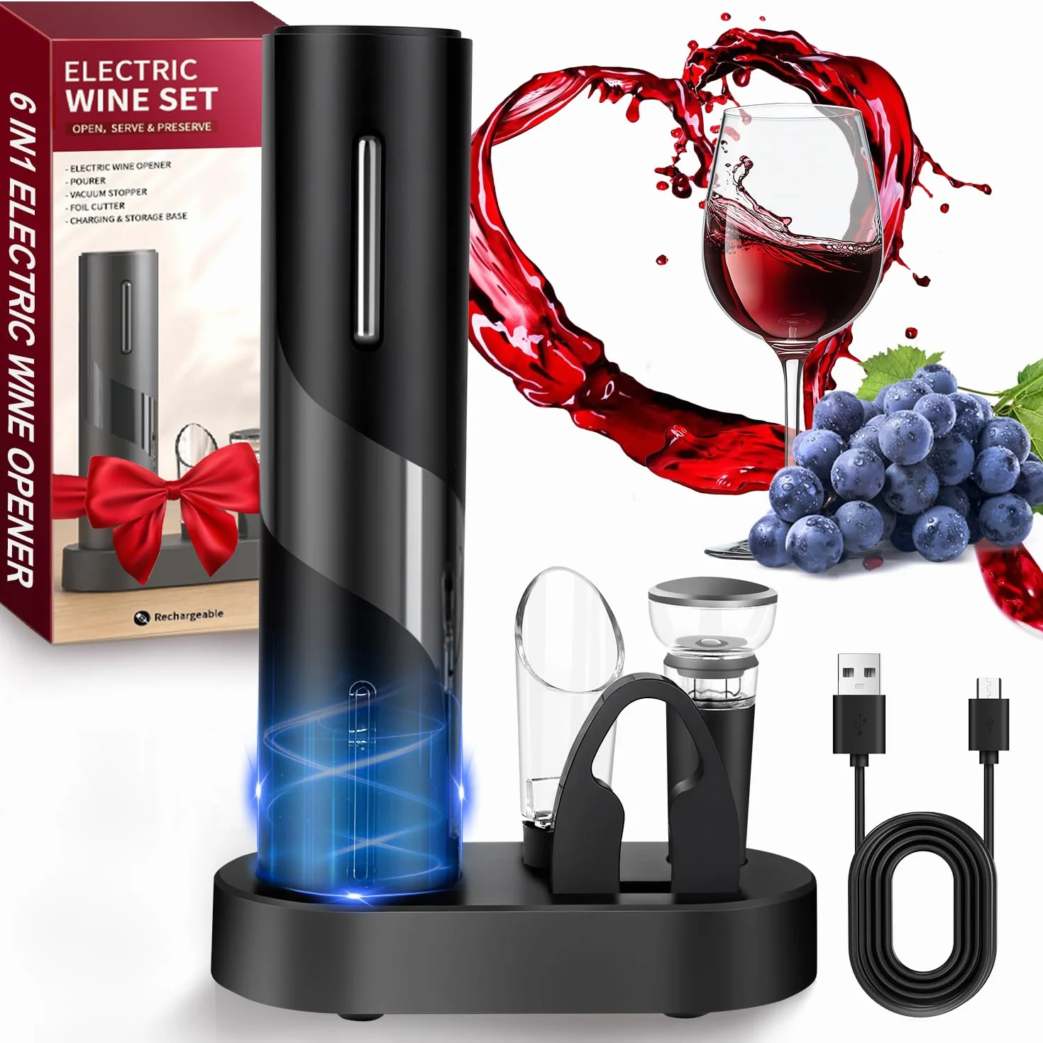 Hotec Sacacorchos eléctrico, abrebotellas automático, idea de regalo, cortador de cápsulas, cable USB, vertedor, tapón de vacío