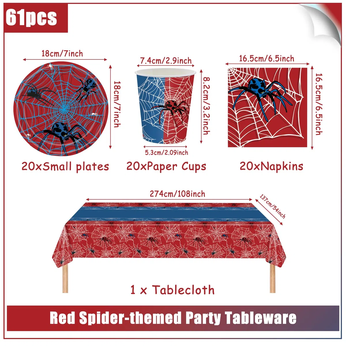 61 piezas de vajilla para fiesta de cumpleaños infantil con temática de telaraña roja, fiesta de Halloween con telaraña roja, incluye vasos, platos, manteles y servilletas, para 20 personas