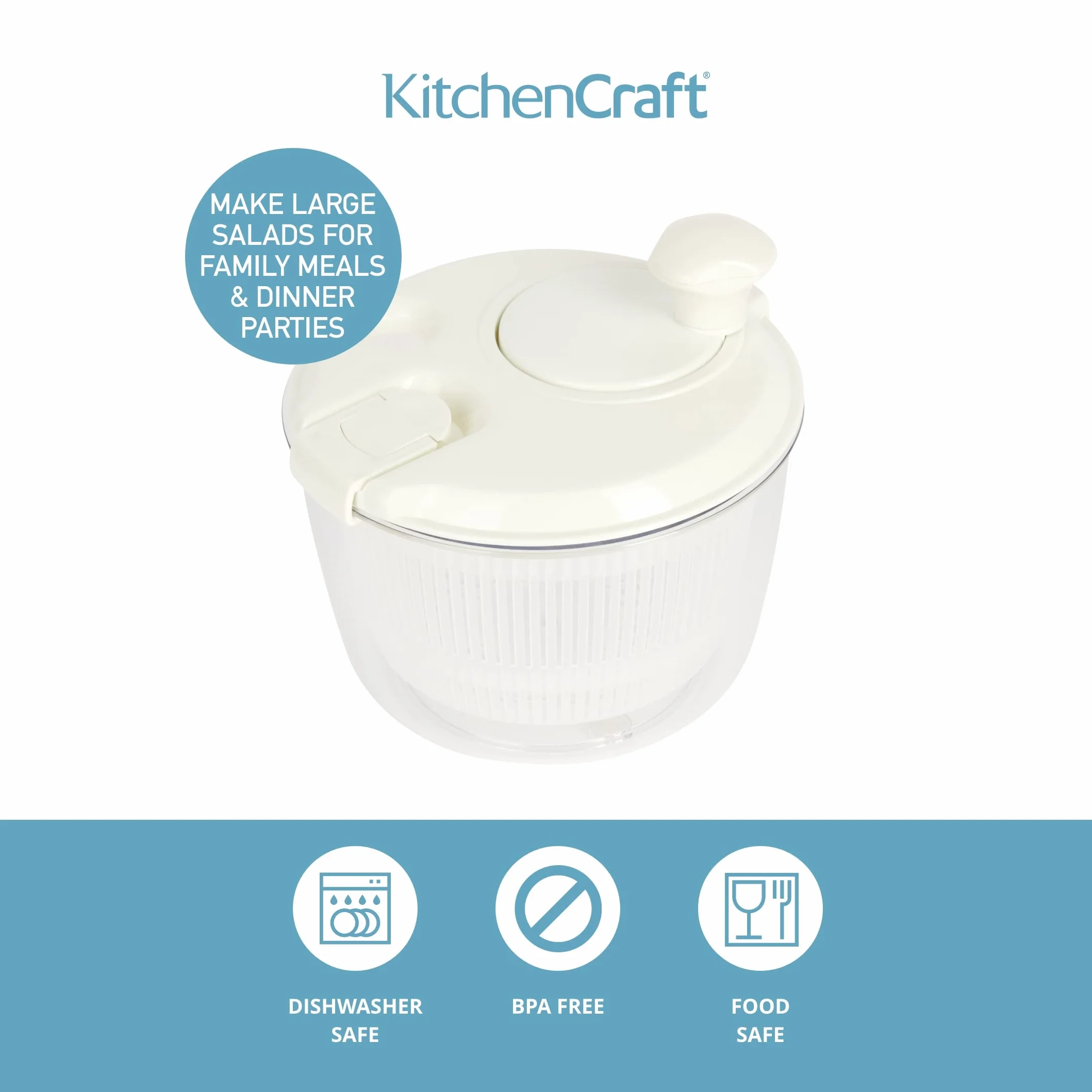 KitchenCraft Mini Ensaladera Giratoria para Escurrir y Colar el Agua Antes de Aliñar, Secado Rápido, Plástico de Seguridad Alimentaria, Apto para Lavavajillas, 19 cm