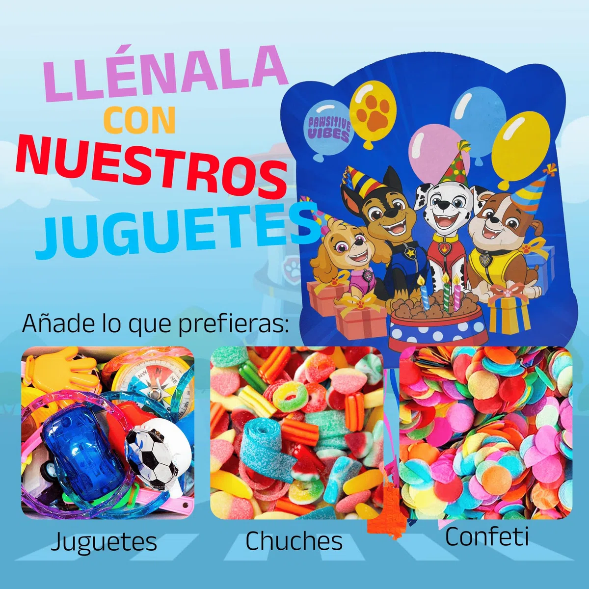 Piñata Patrulla Canina + Pack 70 Chuches Sin Gluten y Juguetes Piñata - Piñata Cumpleaños - Patrulla Canina Cumpleaños - Piñata - Relleno Piñata - Infantil - Paw Patrol - PARTY4EVER