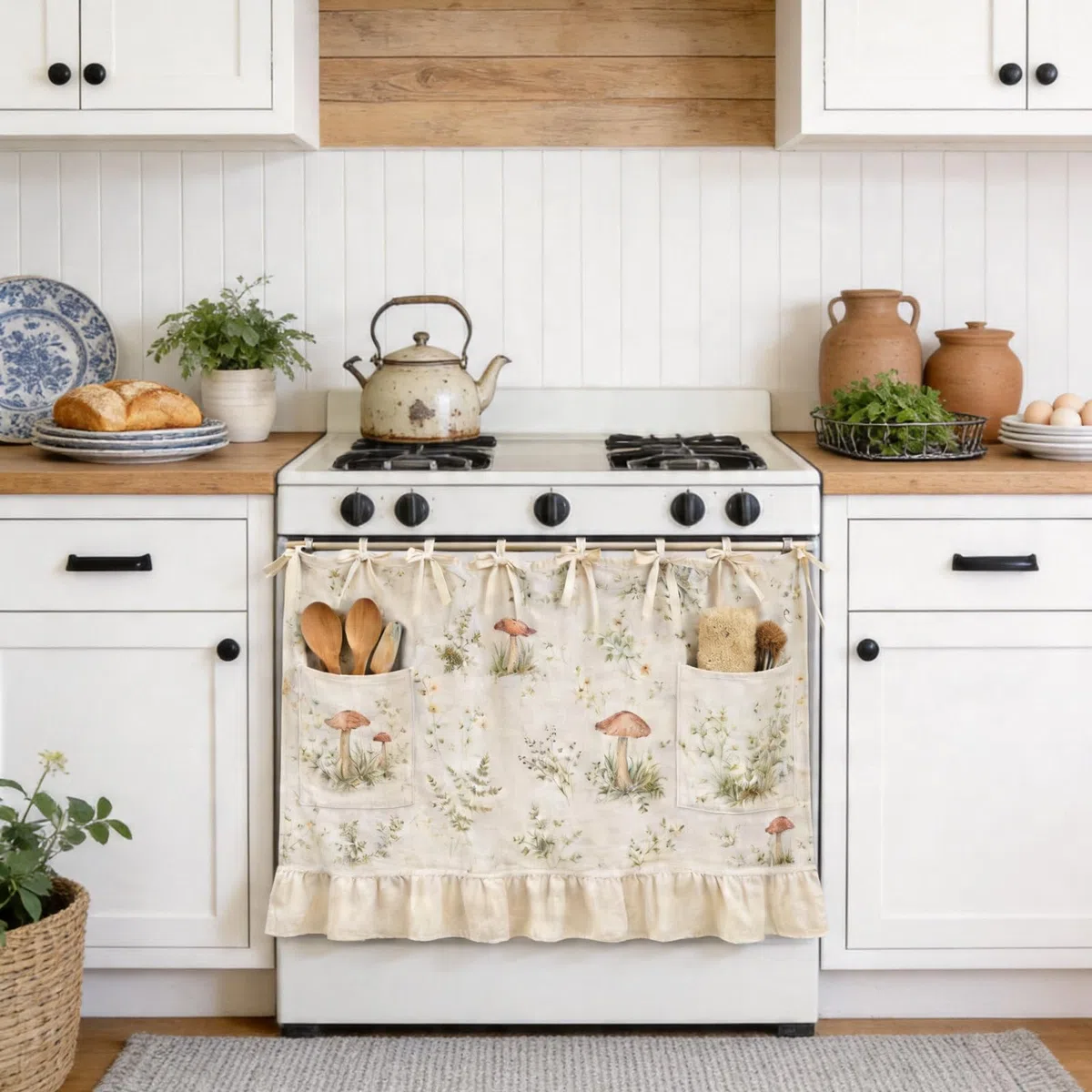 Cortina decorativa rústica para puerta de horno con ribete de volantes y lazos de cinta, cortina de horno para decoración de cocina y casa de campo