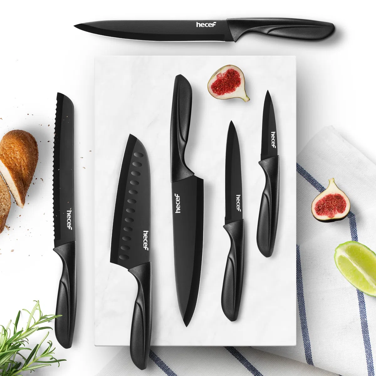 hecef Juego de Cuchillos de Cocina, 6 Piezas Cuchillos en Acero Inoxidable con Revestimiento Antiadherente, Mango Ergonómico y Funda Protectora, Aptos para Lavavajillas, Diseño Moderno para Uso Diario