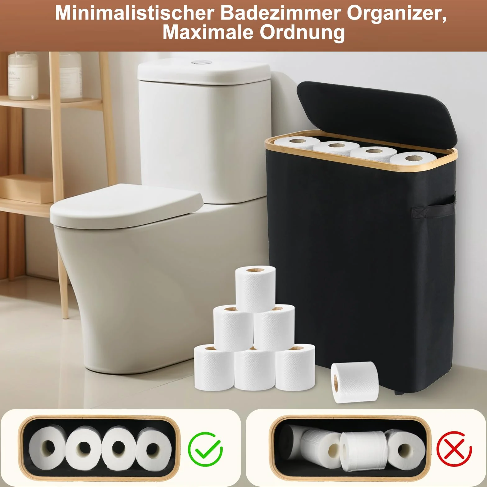 45L - Cesta de almacenamiento de papel higiénico con tapa, grande, color negro, resistente al agua, para 18 a 24 rollos, organizador de papel higiénico de bambú