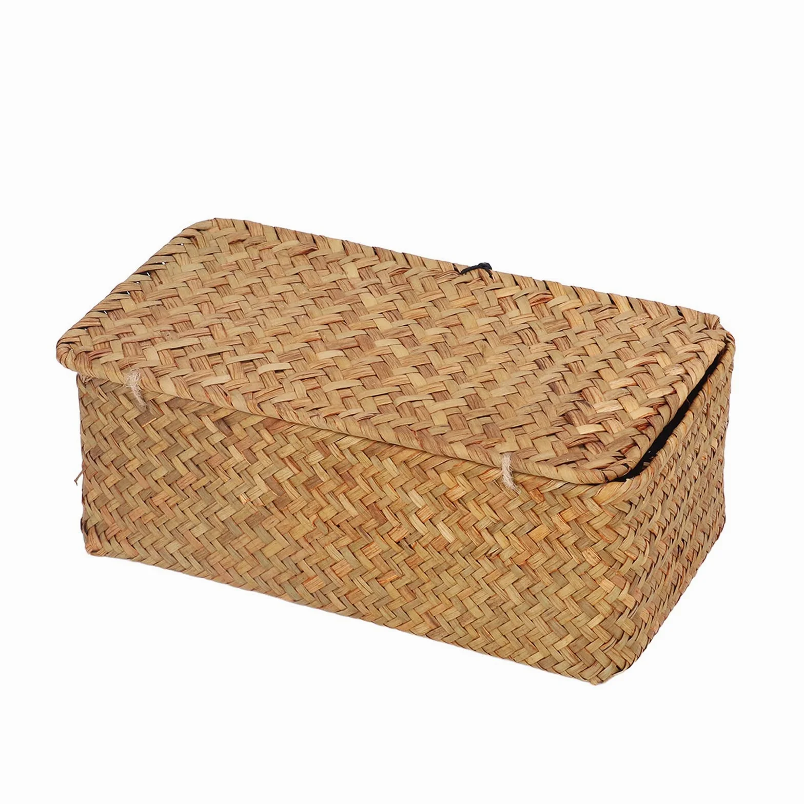 Cesta de Pasto Marino con Tapa, Organizador Tejido, Cestas de Almacenamiento, Cesta de Mimbre, Estante Rectangular, Contenedores, Caja Organizadora de Escritorio, Tamaño M