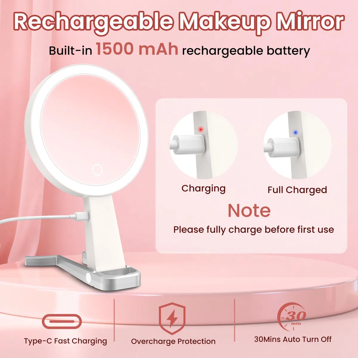 Espejo Maquillaje con Luz, 1X/10X de Doble Cara Espejo Tocador con Luz, Espejo Maquilhagem con 3 Modos de Iluminación, Espelho Luces Maquillaje con Aumento,USB,Sobremesa,Portátil para Viajes