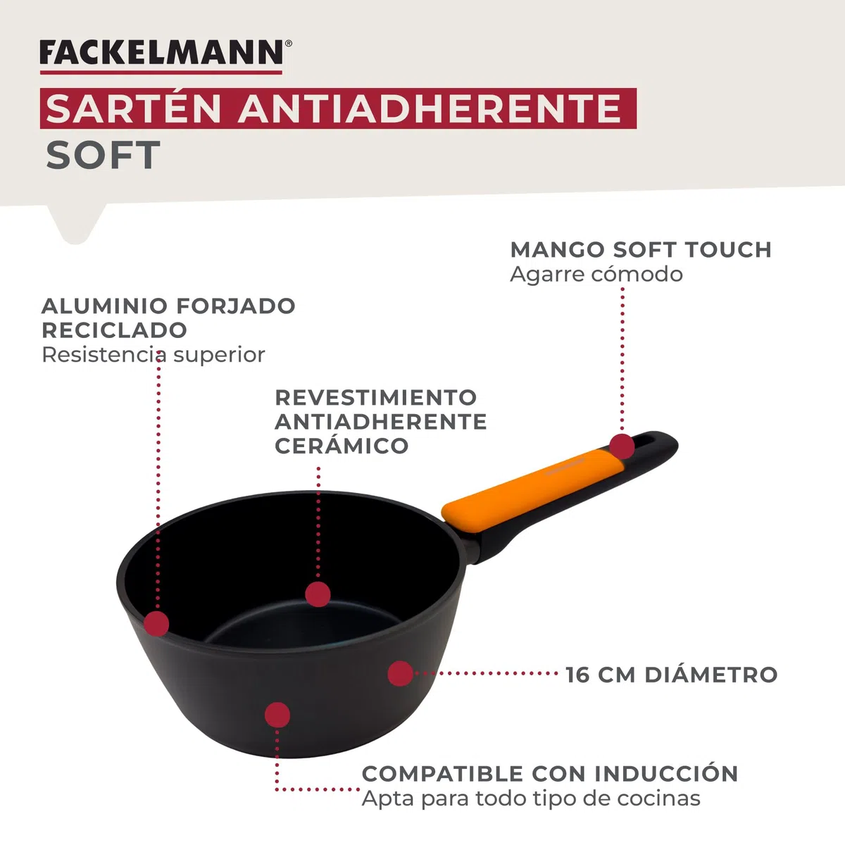 Fackelmann Soft Cazo Antiadherente 16 cm, Aluminio Forjado, Revestimiento Cerámico Greblon Libre de PFA, Apta para Inducción, Vitro, Gas y Horno, Mango Soft Touch Resistente al Calor, 1 ud.