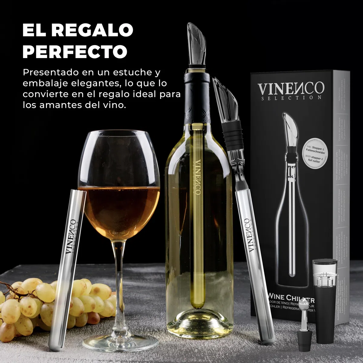 Enfriador de Botellas de Vino Blanco 3 en 1 Kit: Juego de Refrigeración Acero + Tapón Decantador + Aireador Accesorios Bar