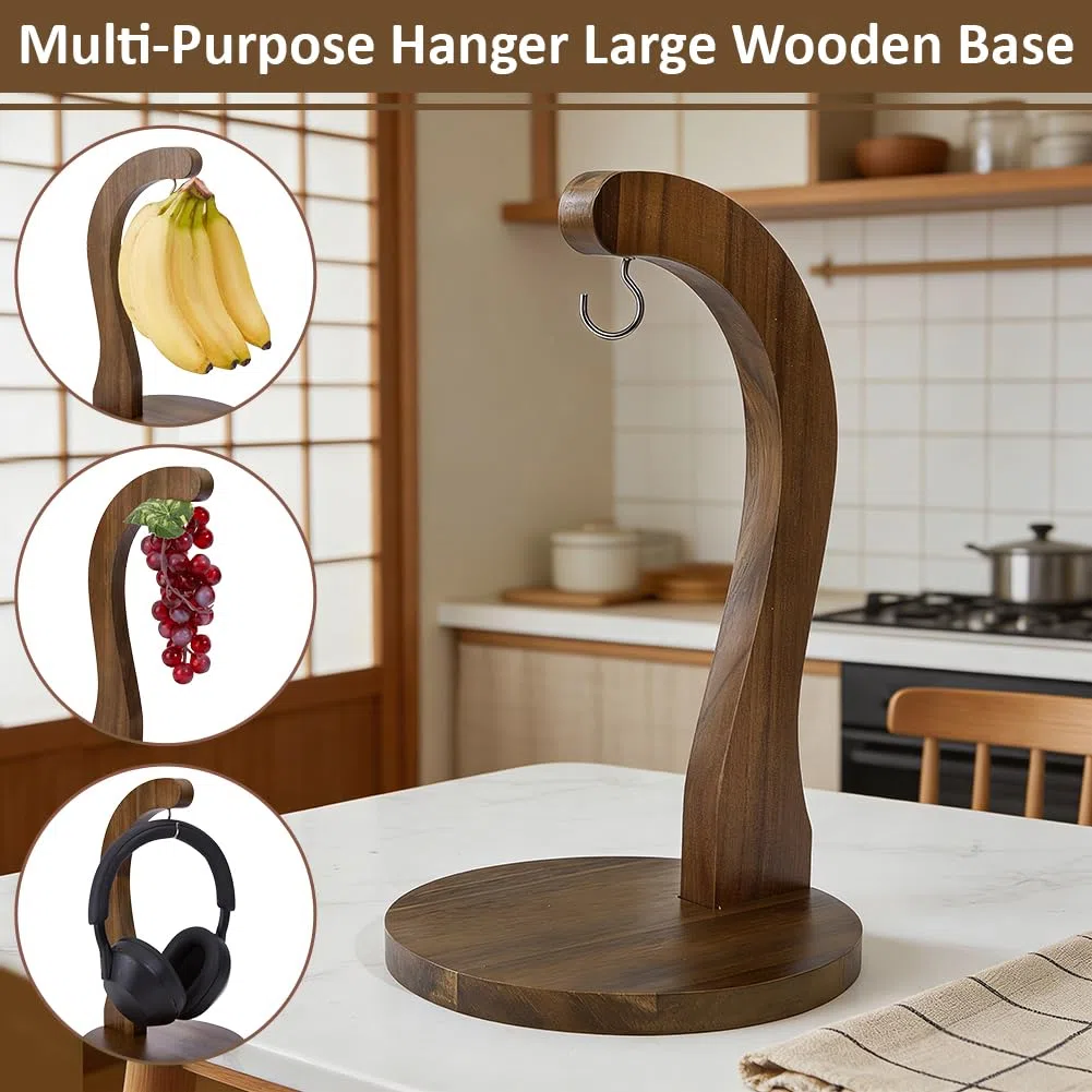 BENECREAT Soporte para plátanos de madera de acacia con gancho de metal, soporte para colgar frutas, soporte de árbol para mantener los plátanos frescos para la cocina
