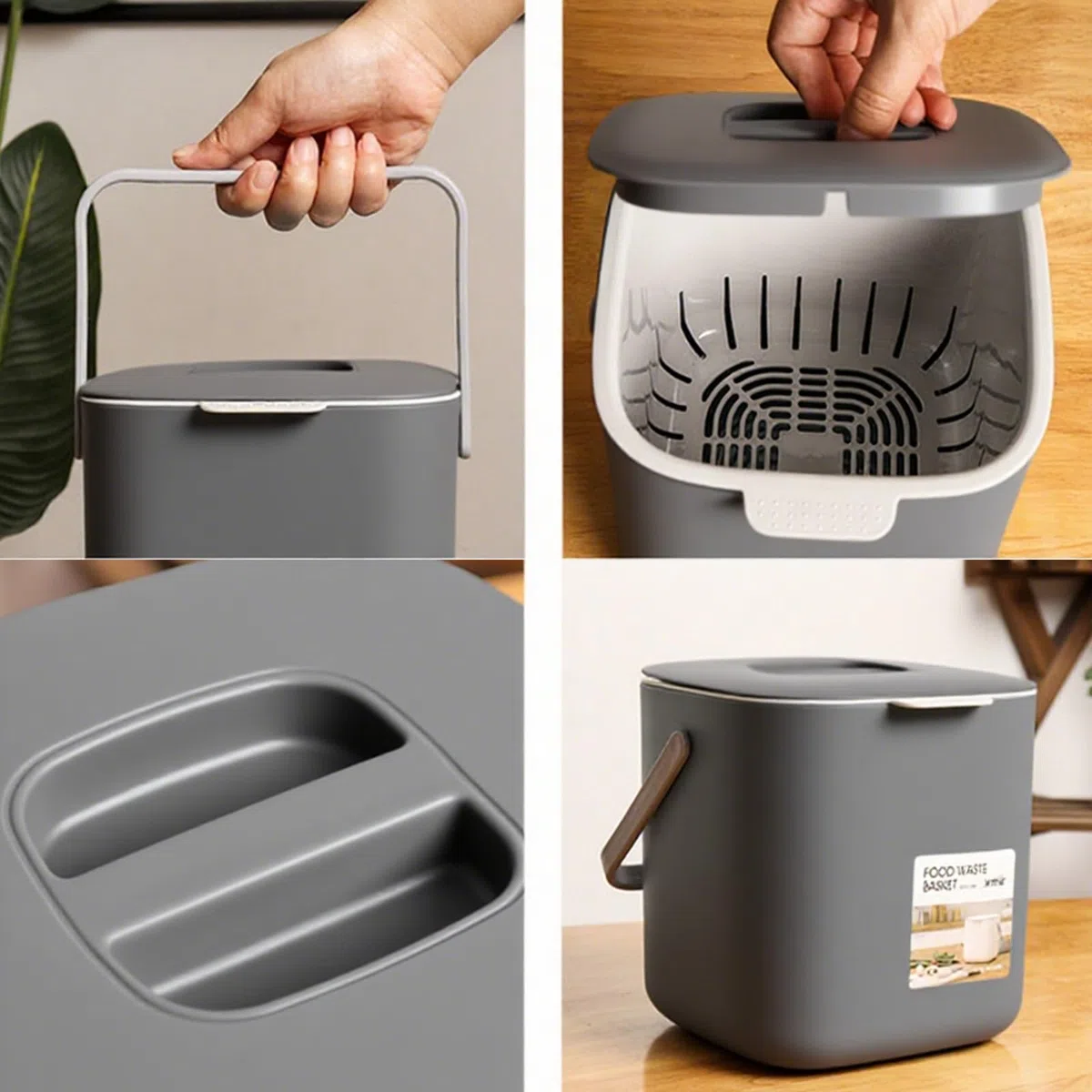 Cubo Compost Cocina 4L - Cubo Orgánico Apto Lavavajillas con Filtro Carbón Activo - Antiolor y Colador Integrado para Residuos Diarios (Gris)