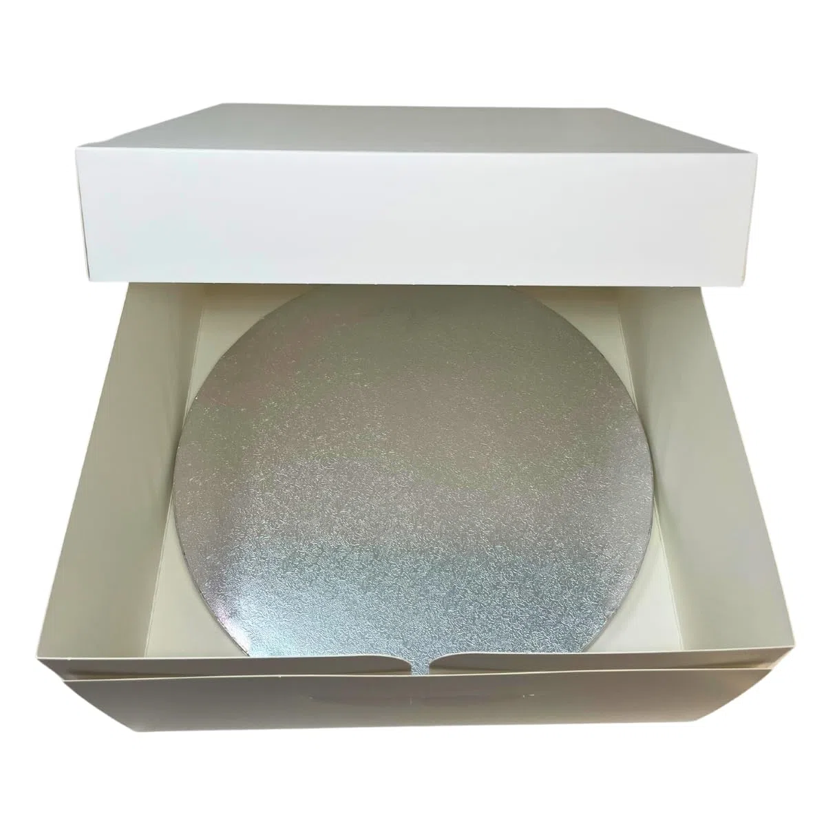Decoraciondulce - Pack de 5 Cajas y Bases para Tartas - 5 Bases de Plata 25cm x 1.2cm y 5 Cajas paras Pasteles de 25.4 X 25.4 X 15.2 CM