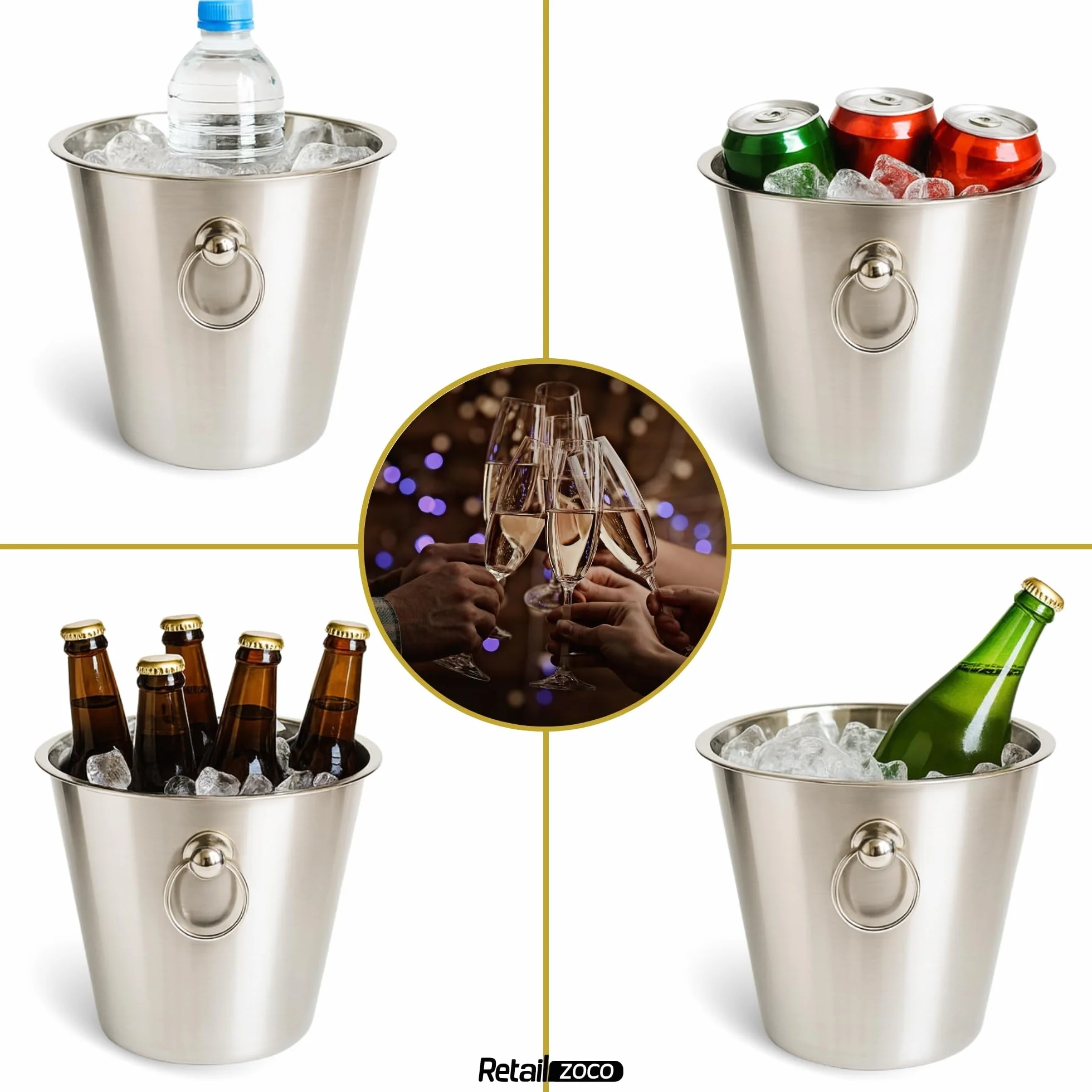 CHEFZOCO Champanera con asass, Cubitera Acero Inoxidable, Cubo de Champán, Enfriador de Botellas, Diámetro 22 cm, Altura 21 cm, Acero Inoxidable, Apto para Enfriar refrescos, champán, Vino, Cerveza
