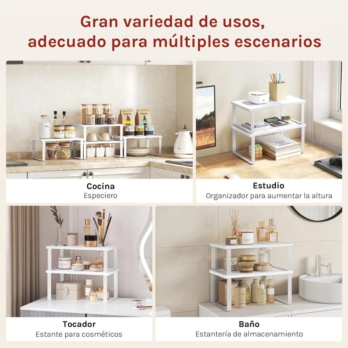 WOLTU Pack de 2 Estantes para Especias, Organizadores de Cocina Apilables, Estantes de Armario para Encimera, Baño y Tocador, 34×19,5×15,5 + 34×18,5×12,5 cm, MDF, Blanco