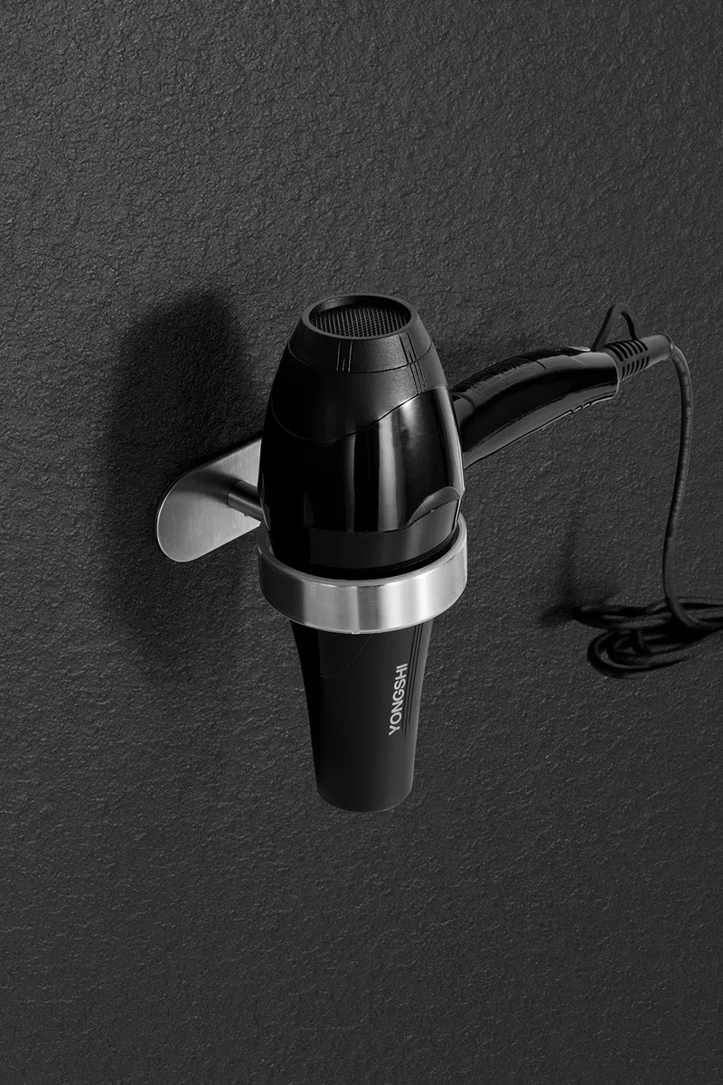 Soporte para Secador de Pelo sin Taladrar - Soporte de Pared para Pegar (Acero Inoxidable (Cepillado))