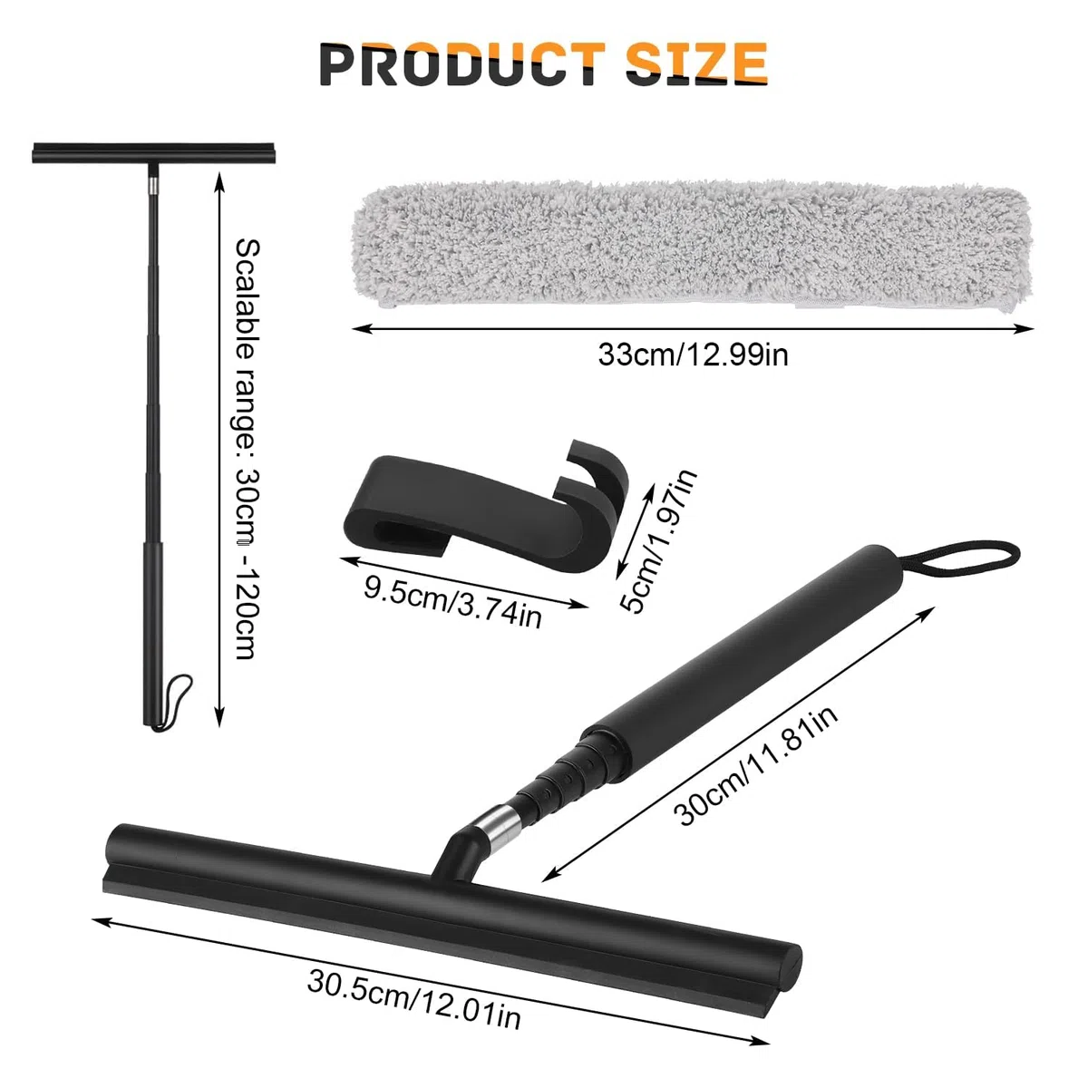 Rasqueta Limpiacristales Extensible 30-140cm, Squeegee Limpiador de Cristales con Gancho y Paño de Microfibra, Accesorio de Baño, Limpiacristales para Ducha, Mamparas, Ventanas, Espejos y Auto