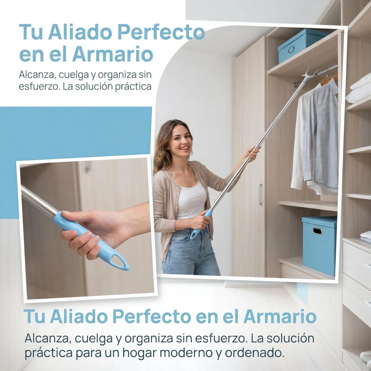 iplusmile Varilla Extensible de Acero Inoxidable para Ropa con Gancho Barra Resistente para Colgar Prendas Armarios Altos Estantes Superiores y Facilitar el Colgado el Hogar