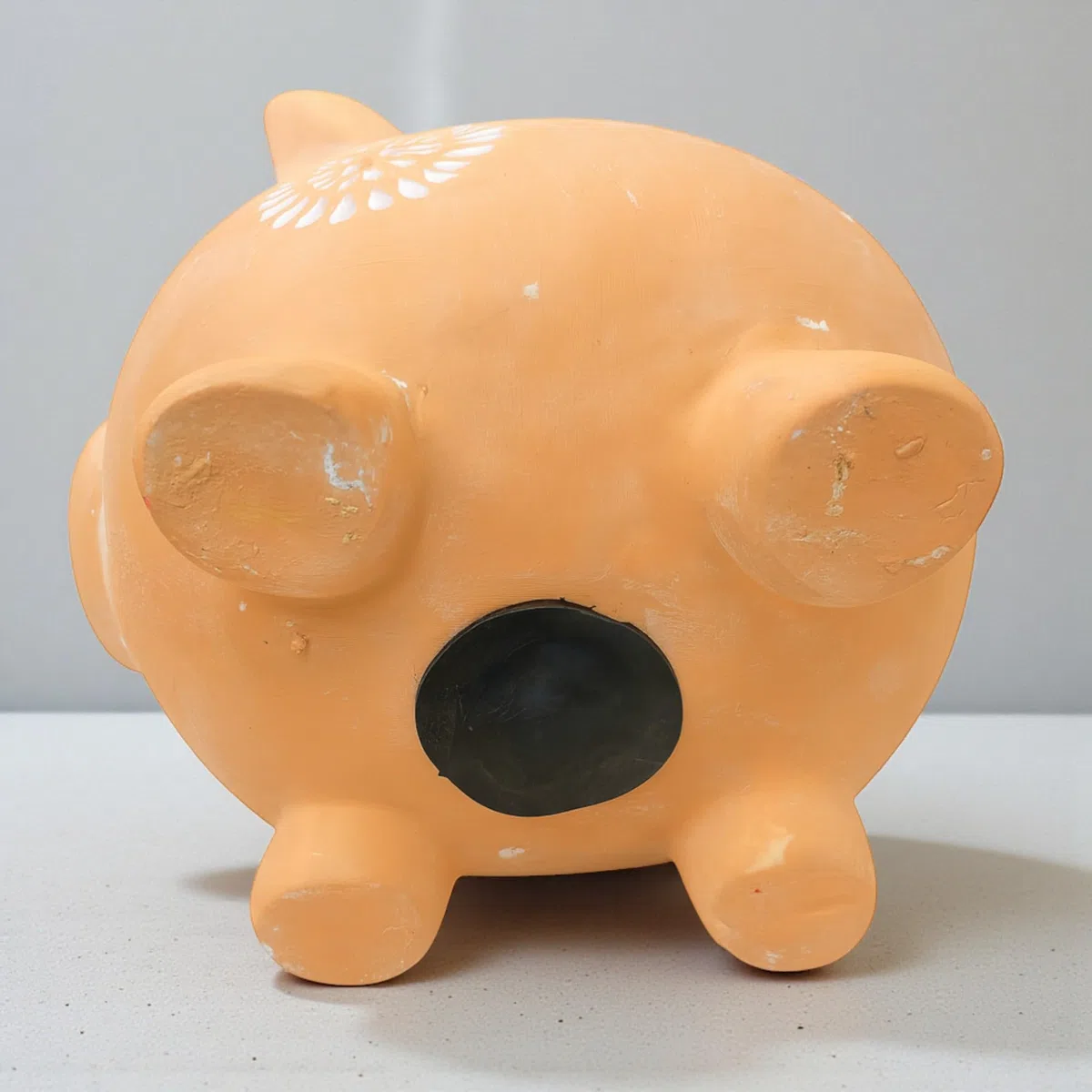 Hucha Cerdito de Barro con Tapa, Diseño Floral Blanco, 14 x 12 x 11 cm, Color Terracota. Caja de Regalo.