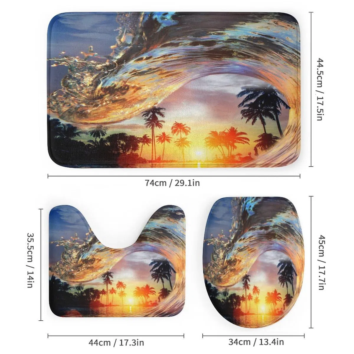 Juego de 4 cortinas de ducha impermeables con temática de surf oceánico, playa, palmeras, puesta de sol, olas con cubierta de inodoro impermeable, alfombra de ducha, 183 x 183 cm