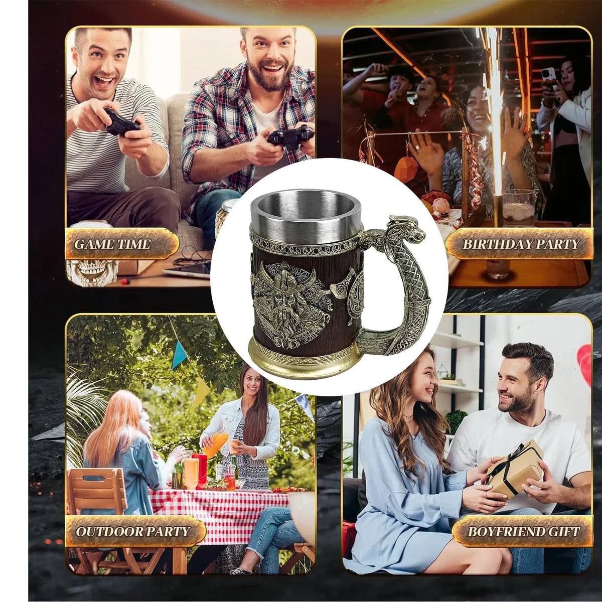 Tazas vikingas para hombres - Tankard nórdico de acero inoxidable | Taza de barril de estilo antiguo, taza rústica de café fría para la decoración de la fiesta, taza de regalos de aspecto de madera, d