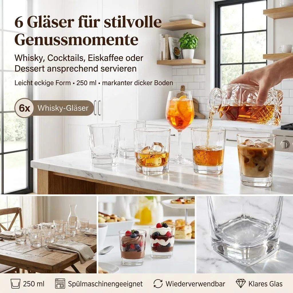 Gouveo Juego de 6 Vasos de Cristal de 250 ml - Vasos de Whisky y Coñac, Diseño Ligeramente Cuadrado - Set de Regalo para Hombres y Amantes de las Bebidas Finas