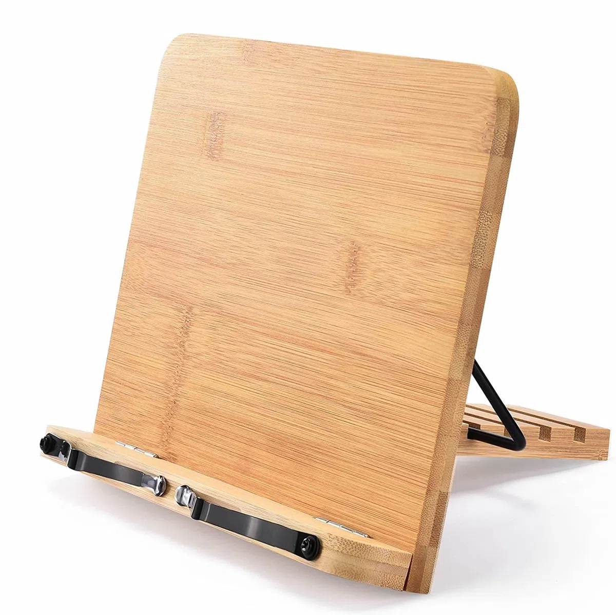 Soporte de madera para libros y libros de cocina con ángulos ajustables para leer las manos libres, soporte para libros de cocina resistente con clips de papel, libros de texto (34 x 23,9 cm)