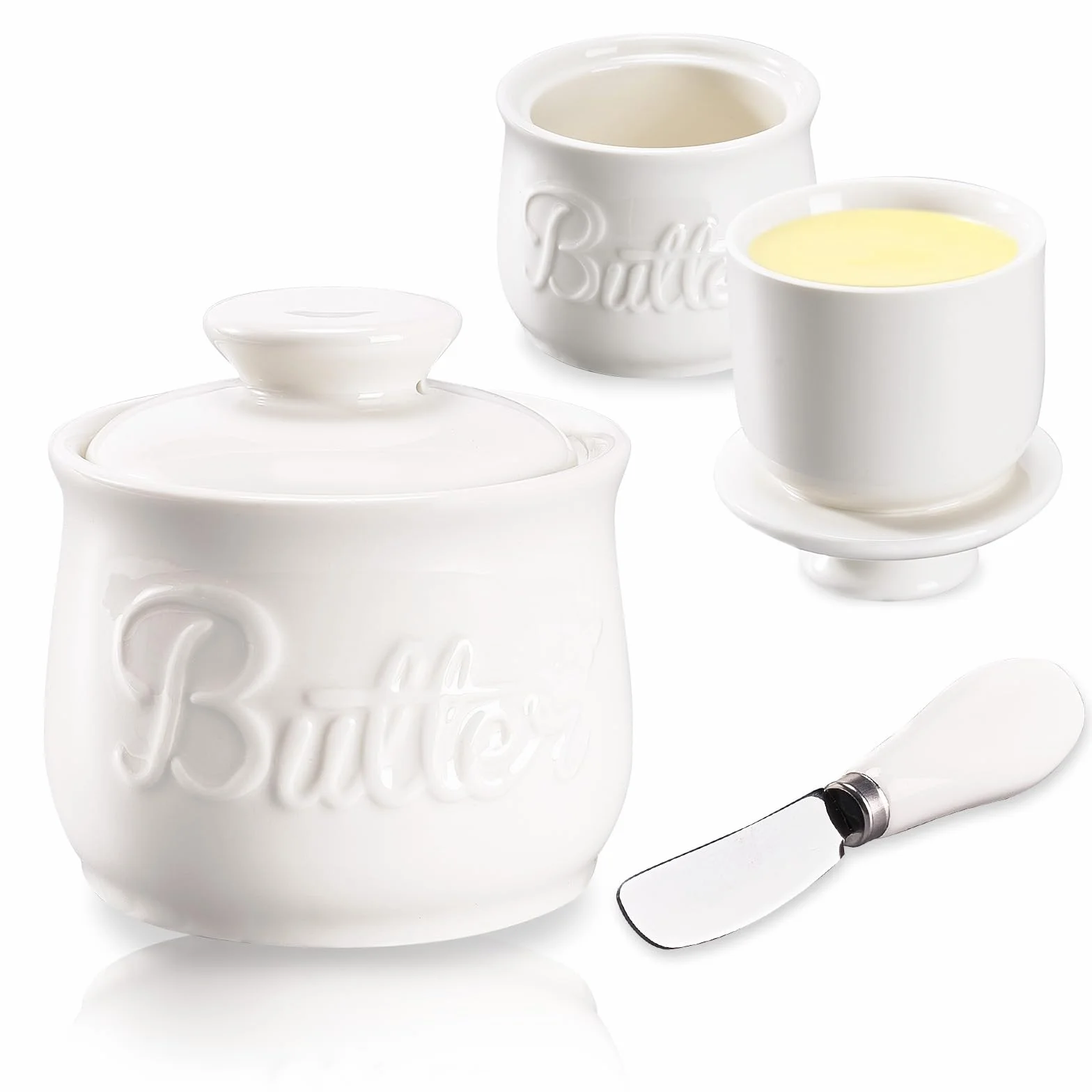 Mantequera Francesa, Mantequillera de Cerámica con Tapa y Espátula, Contenedor de Mantequilla Porcelana, Recipiente de Mantequilla para Mantequilla Fresca y Untable, Diseño Vintage (B)
