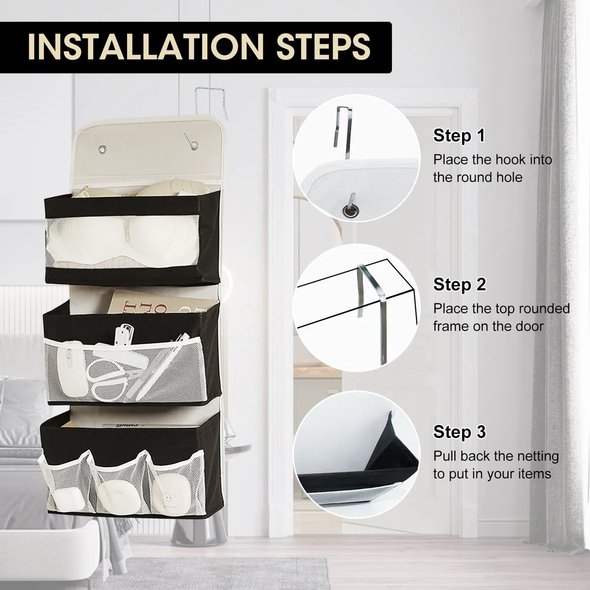 Organizador Armario Colgante, Organizador Colgante Para Baño y Puerta, OrganizadorPuerta 67,5*29,5 cm, Zapatero Tela Plegable, ZapateroPuerta Que Ahorra Espacio, EstanteriasColgantes 3 Pisos, 1 Ud