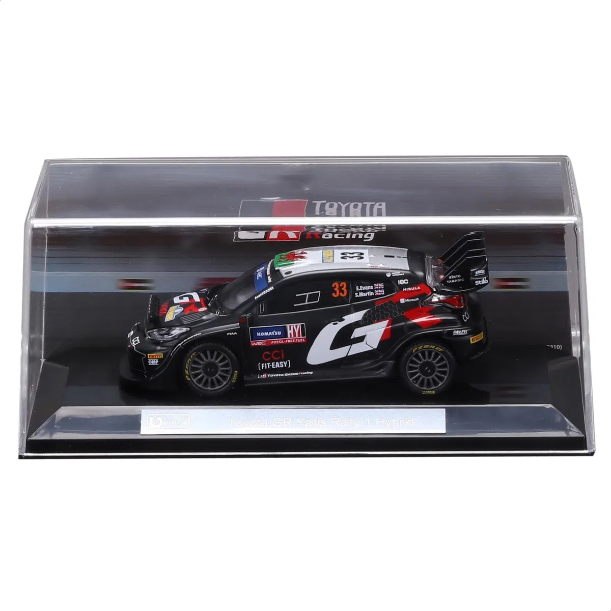 Bburago - Toyota GR Yaris Rally 1 Hybrid #33 Evans con Vitrina de exposición a Escala 1:43, Coche de Rally de fundición a presión, réplica Detallada, Licencia Oficial de Toyota, 14+