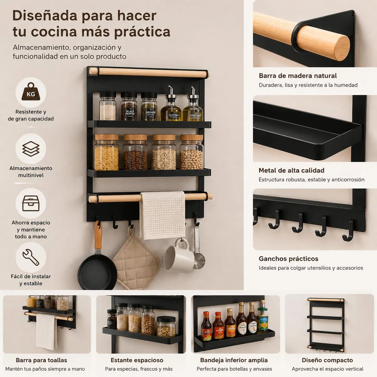 Estantería Magnética para Especias 2 Niveles con 6 Ganchos, Organizador de Cocina Negro Mate, Compacto y Funcional 26,5x18x19 cm, Ahorra Espacio y Ordena Fácilmente
