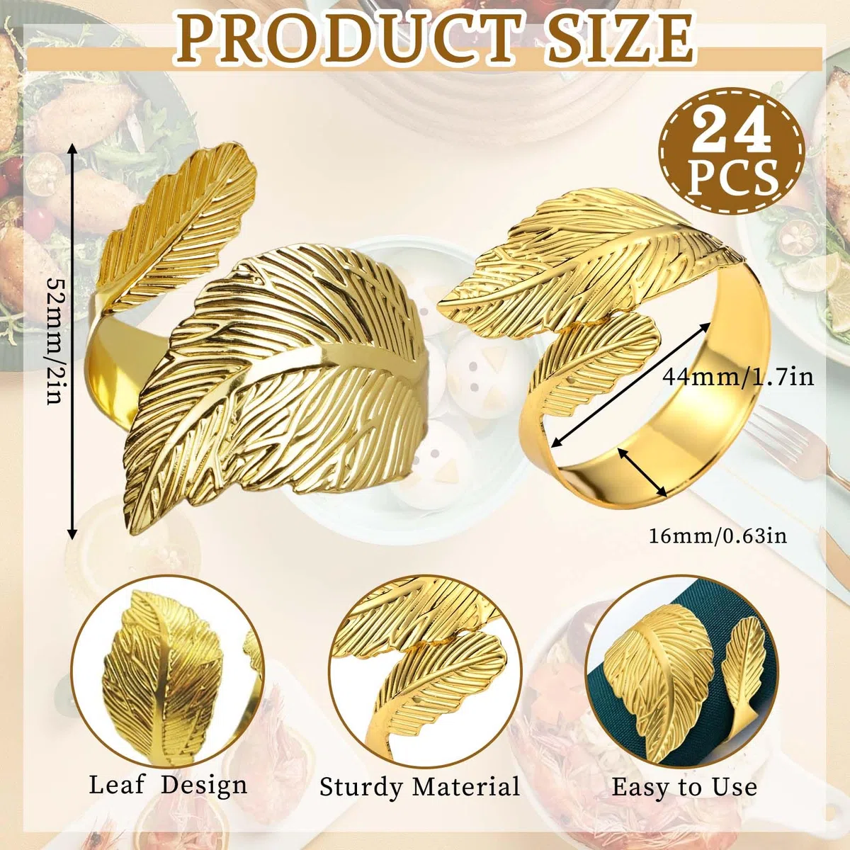 Juego de 24 servilleteros en forma de hoja, servilleteros de metal para decoración de mesa, servilleteros de tela para bodas, Navidad, cumpleaños, decoraciones (G, 4,4 cm)