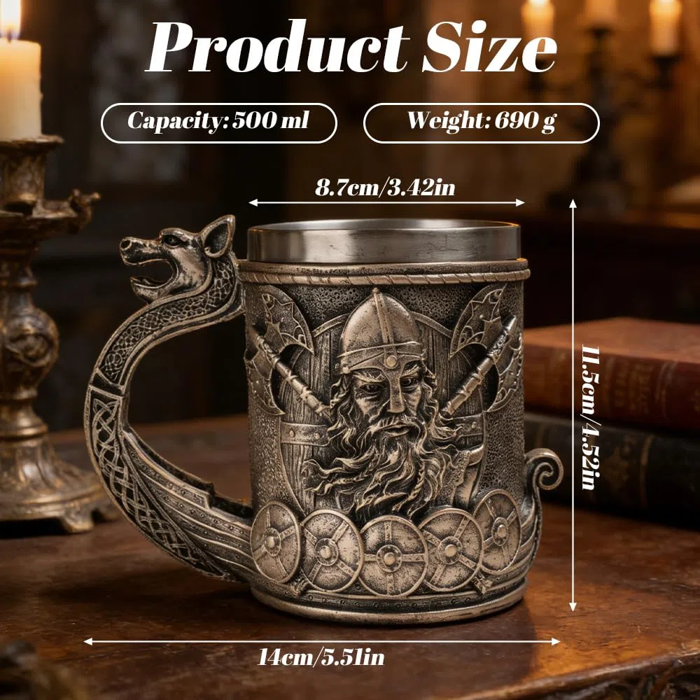 Jarra Cerveza Vikinga, SGZIOO Jarra Cerveza de Madera 500ml, Rune Vintage Caneca Cerveja Con Forro de Acero Inoxidable, Taza de Bebida Medieval para Café/Bebida, Hombres y Regalo del Día Del Padre