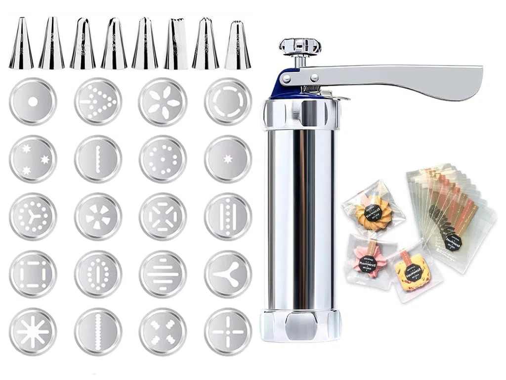 Máquina de Galletas de Acero Inoxidable, Máquina Galletas Molde para Repostería con 8 Boquillas y 20 Plantillas, Galletas Máquina Enviar 100 Bolsa de Galletas, para Pastel, Galleta