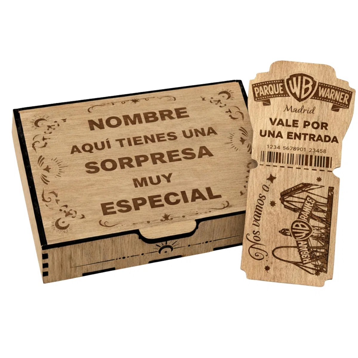 Caja Regalo Parque Warner Personalizada | Sorpresa Original para Anunciar Entrada Warner | Regalo Parque Warner Madrid Niños y Adultos | Modelo en Madera Blanco o Roble (Roble, Sin personalizar)