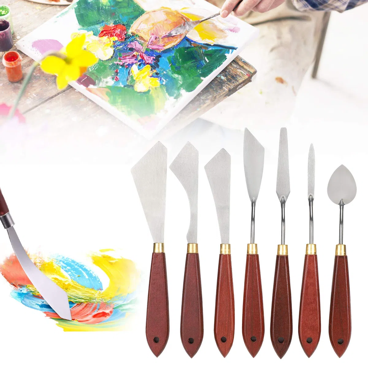 Fyearfly Cuchillo de paleta de acero inoxidable, 7 unids/set Juego de raspador de mezcla de cuchillo de paleta de acero inoxidable para pintura al óleo mezcla acrílica