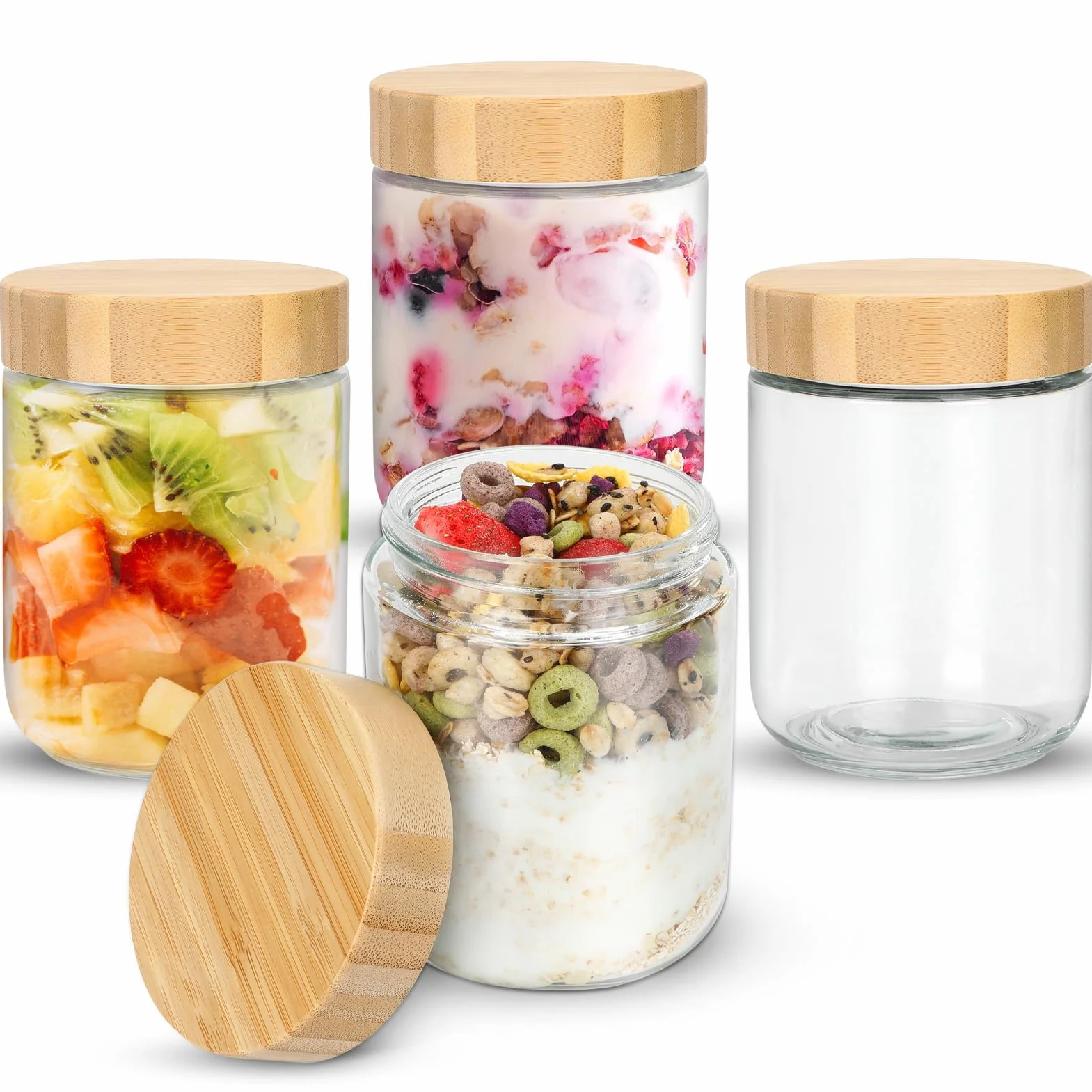 4 Tarros de Comida Preparada 500ml Tarros de Avena con Tapa, 16oz Tarros de Cristal con Tapa de Rosca, Bote Cristal Hermetico para Yogur,Batido,Avena,Mermelada,Especias,Preparación de Comidas