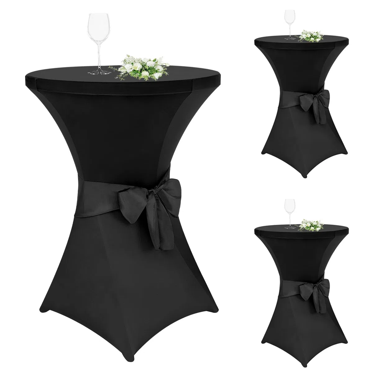 Alishomtll Juego de 3 fundas elásticas para mesa alta con lazo, diámetro de 60 cm, elegantes fundas elásticas para mesa de bistró, mesas altas, banquetes o bodas (diámetro 60 x 110 cm, negro)