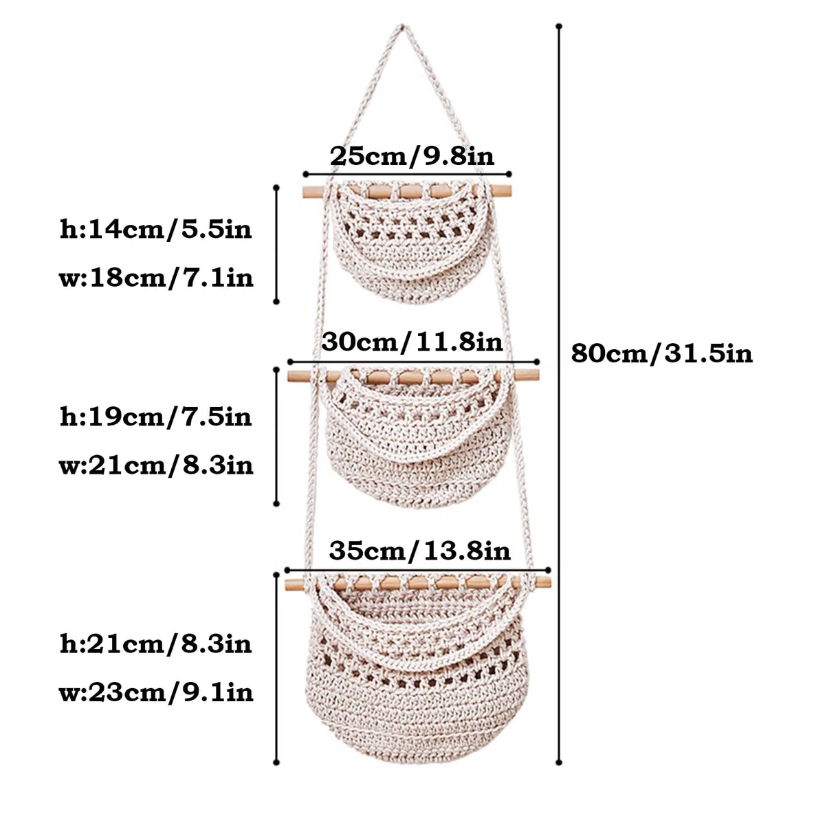 Cesta Colgante de Frutas, Hecha a Mano Cesta de Fruta, Cesta de Frutas Colgantes de Tejido, Diseño Desmontable, Adecuado Para Almacenar Fruta, Verdura, Aperitivos y Otros Artículos, Beige