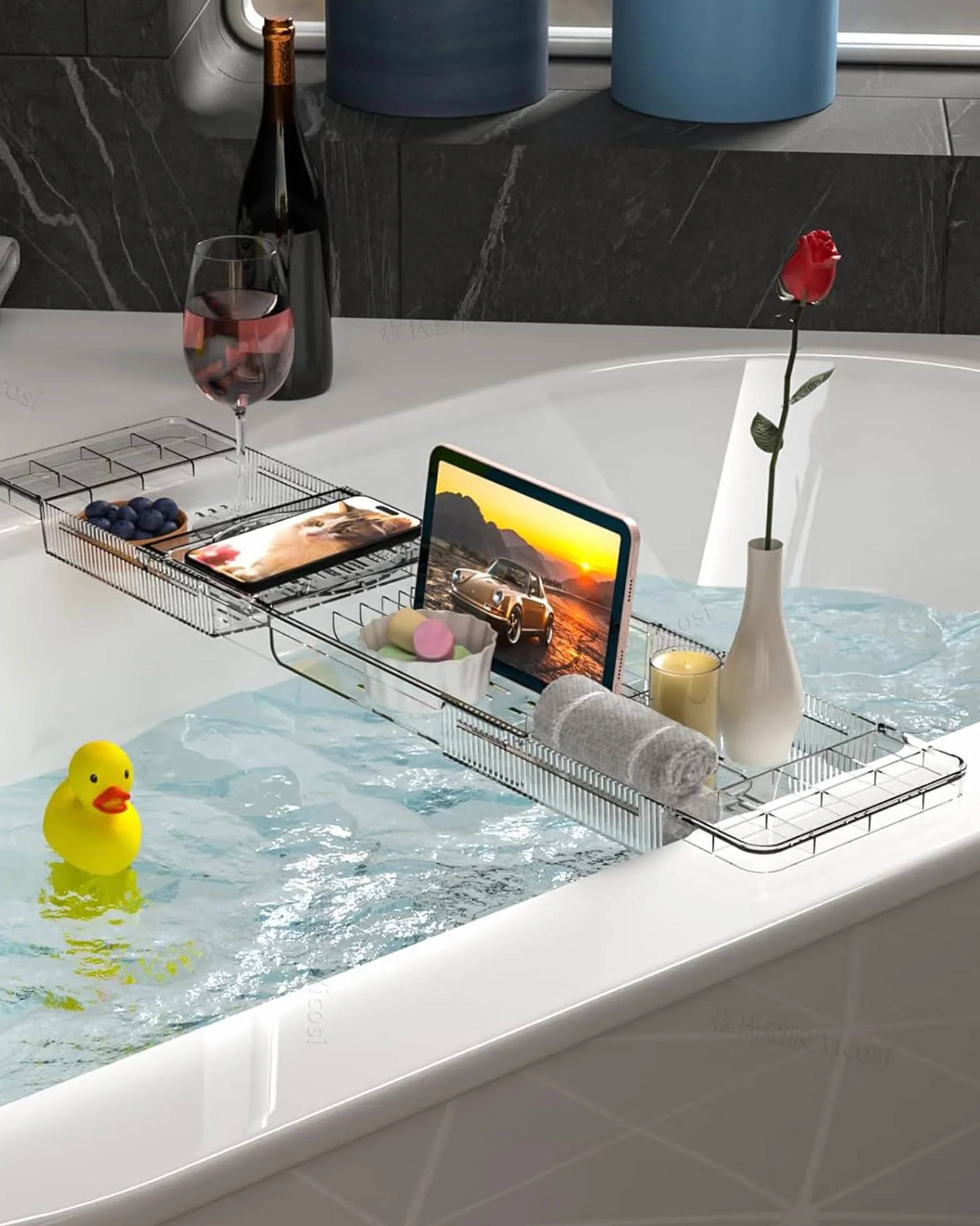 Bandeja para Bañera Acrílico, Bandeja Retráctil, Bandeja para Bañera para Copas de Vino, Libros, Tabletas, iPad y Teléfono, Accesorios de Baño Transparente