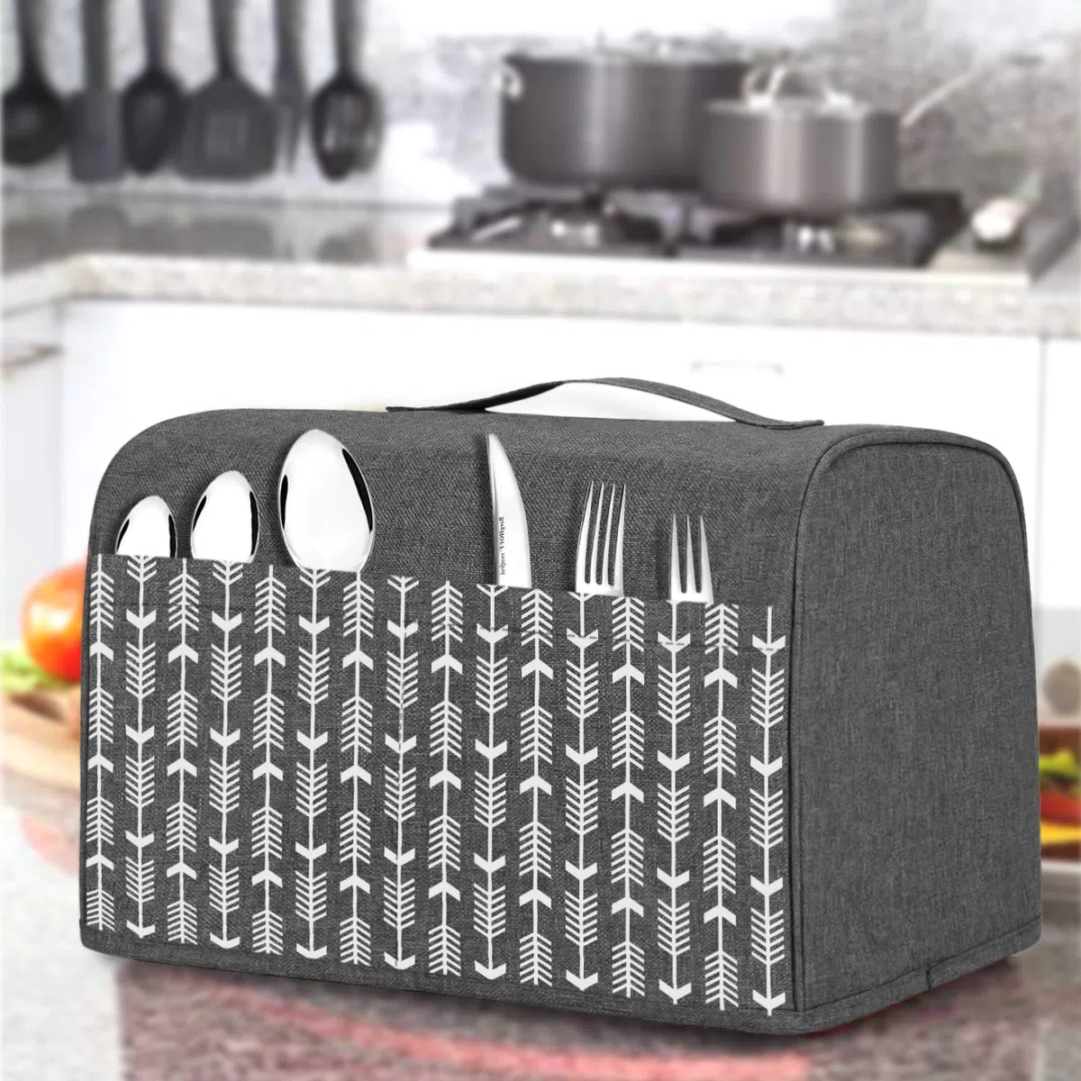 Yarwo Funda Tostadora, Funda para 4 Rebanadas Ranuras Largas Tostadora, con Bolsillos y Asa Superior, Resistente al Agua, Gris con patrón de flecha