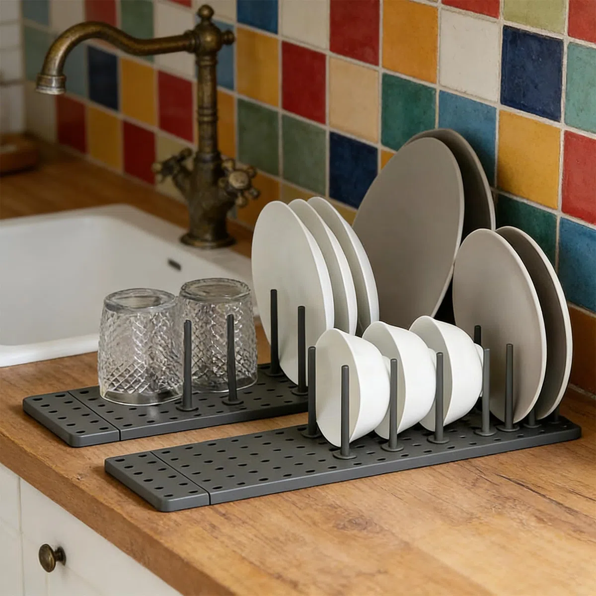 PARFCO 2 Piezas Organizador Sartenes y Ollas Cajón, Organizador Tapas Ollas Ajustable 40–54 cm con 24 Pilar, Soporte Tapas Ollas Gris para Platos y Sartenes