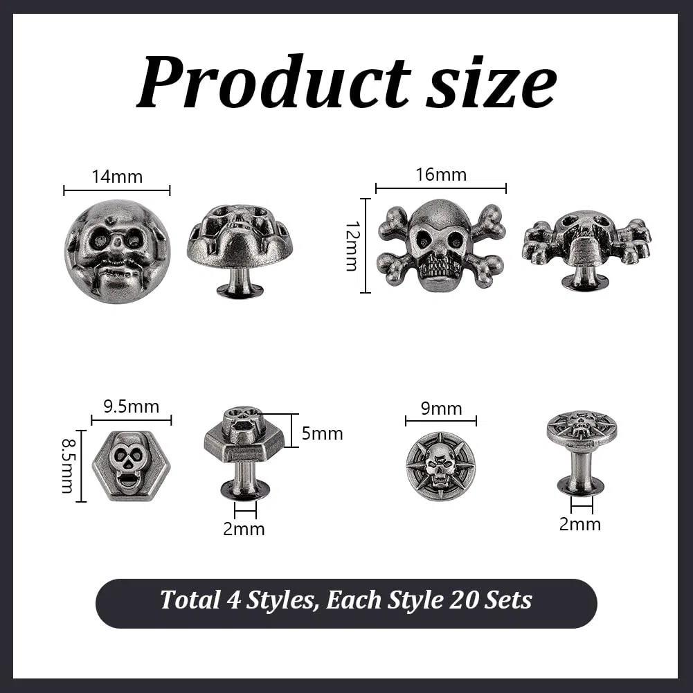PH PandaHall 80 juegos de remaches de cabeza de calavera con rosca trasera, 4 estilos de remaches decorativos de calavera, remaches de esqueleto de plata envejecida para bolsa de ropa, cinturón de