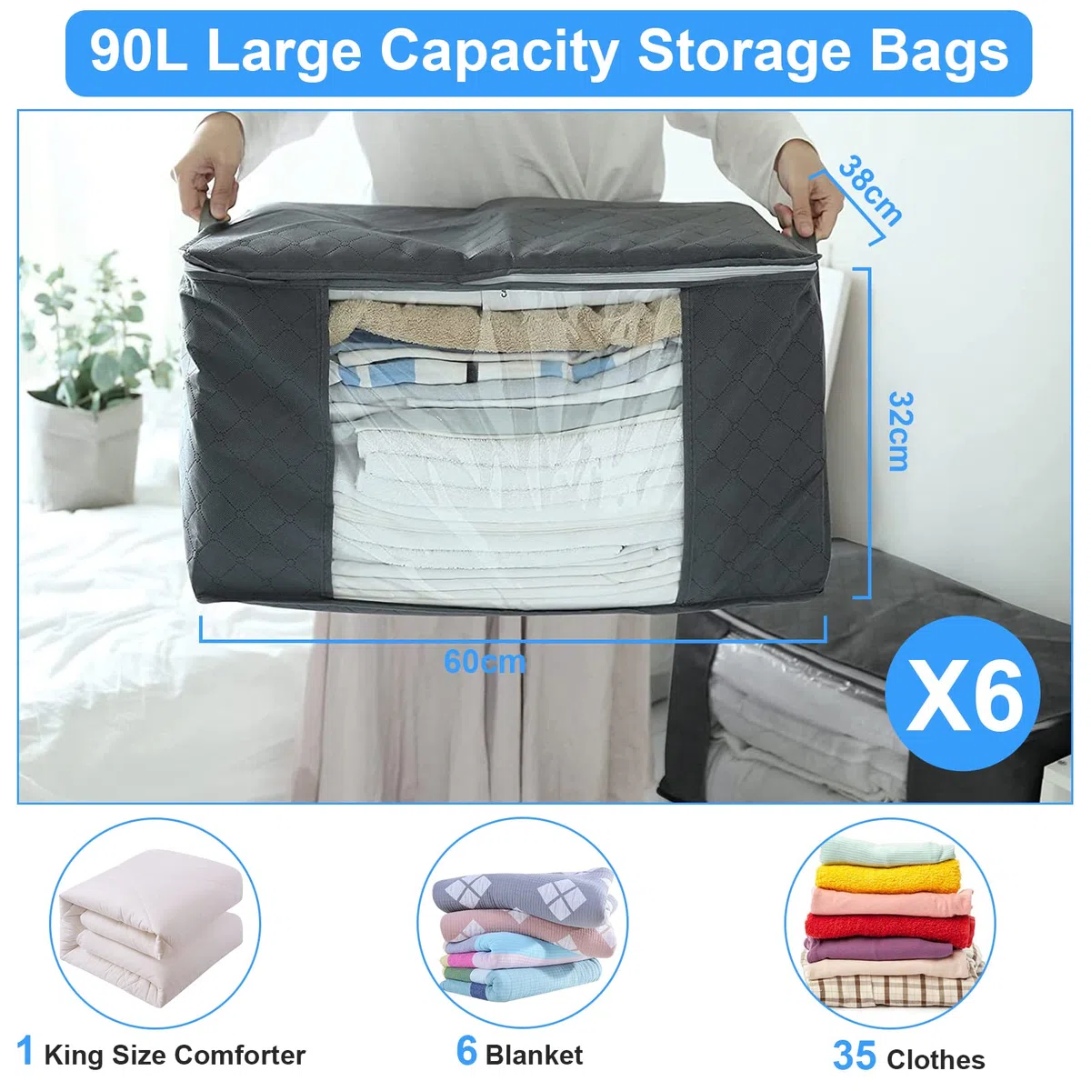 Withosent Cajas Almacenaje Ropa 6 Piezas, 90L Bolsa de Almacenamiento Ropa de Tela no Tejida, Organizador Armario con Mango, Contenedor para Debajo de la Cama para Edredones, Mantas, Almohada