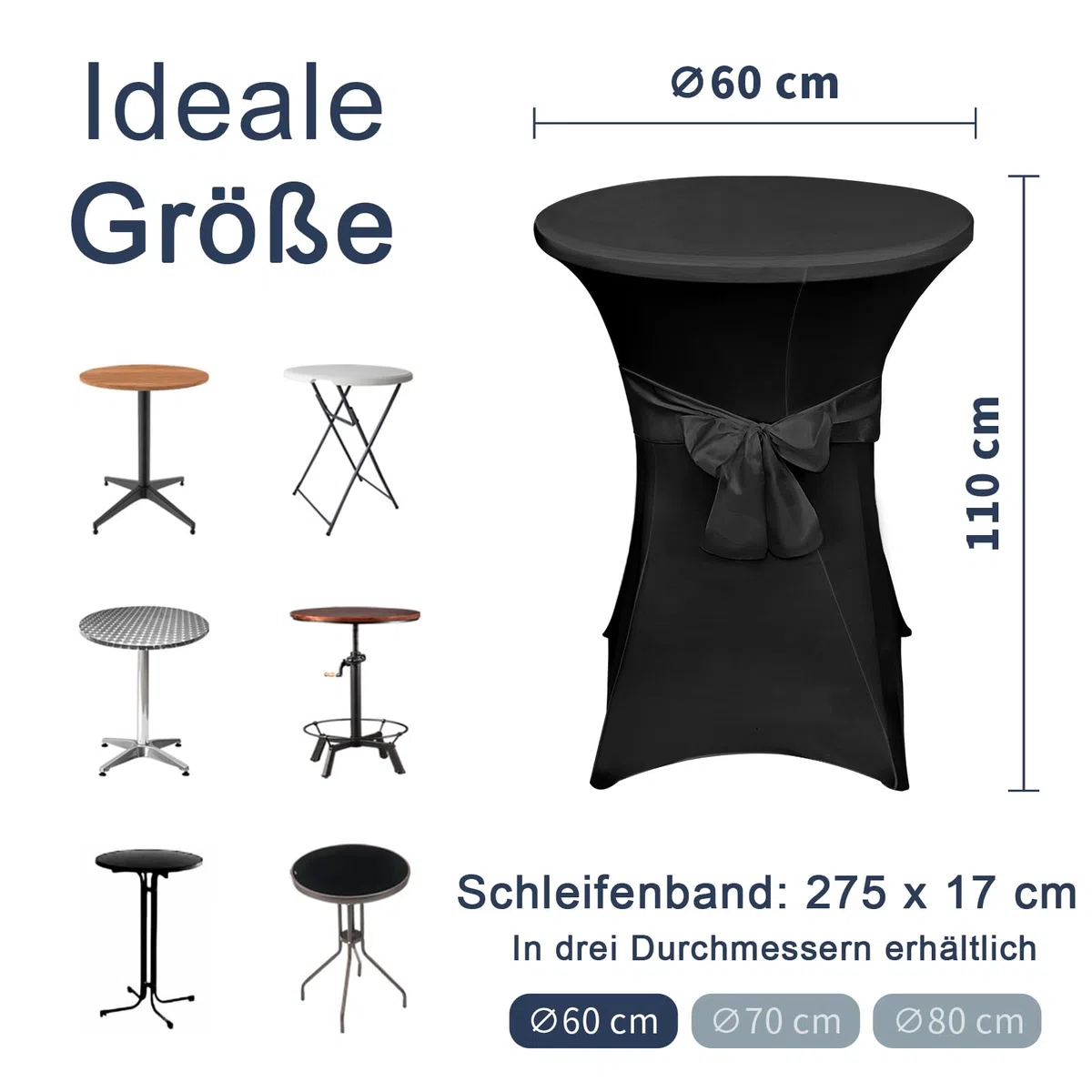 Alishomtll Juego de 3 fundas elásticas para mesa alta con lazo, diámetro de 60 cm, elegantes fundas elásticas para mesa de bistró, mesas altas, banquetes o bodas (diámetro 60 x 110 cm, negro)